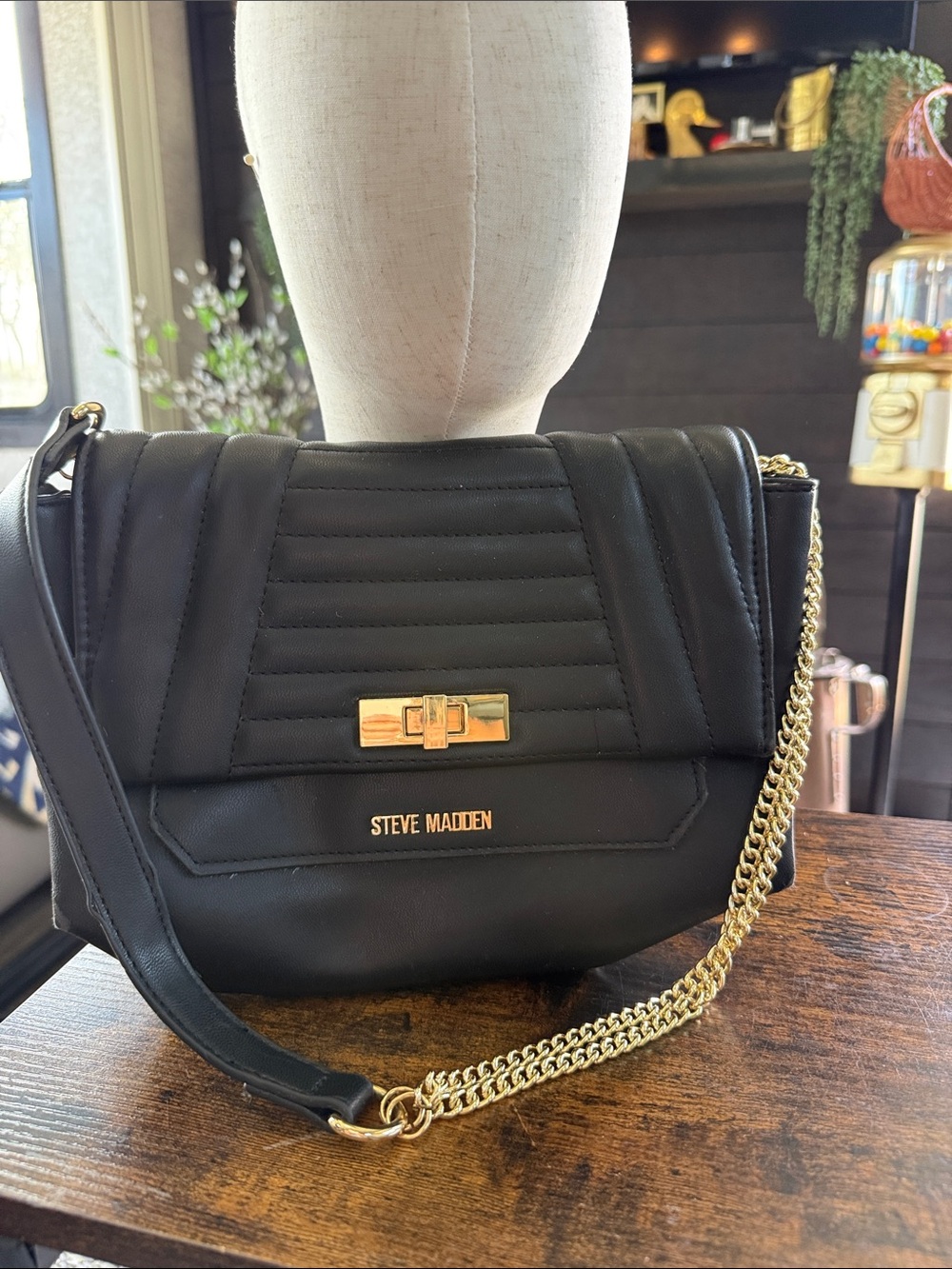 Steve Madden Black Quilted Shoulder Bag with Gold Chain Detail